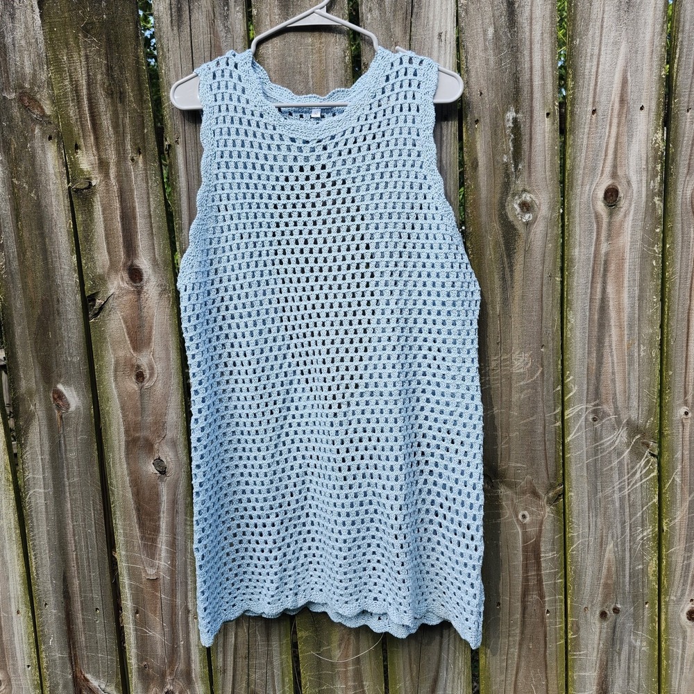 Light Blue Crochet Knit Sleeveless Beach Cover Up Tunic Top Size M